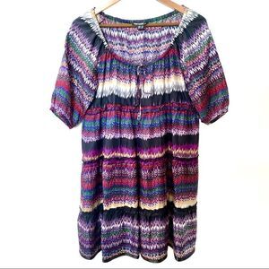 Kensie Flame Stitch Tiered Silk Tunic Dress Medium